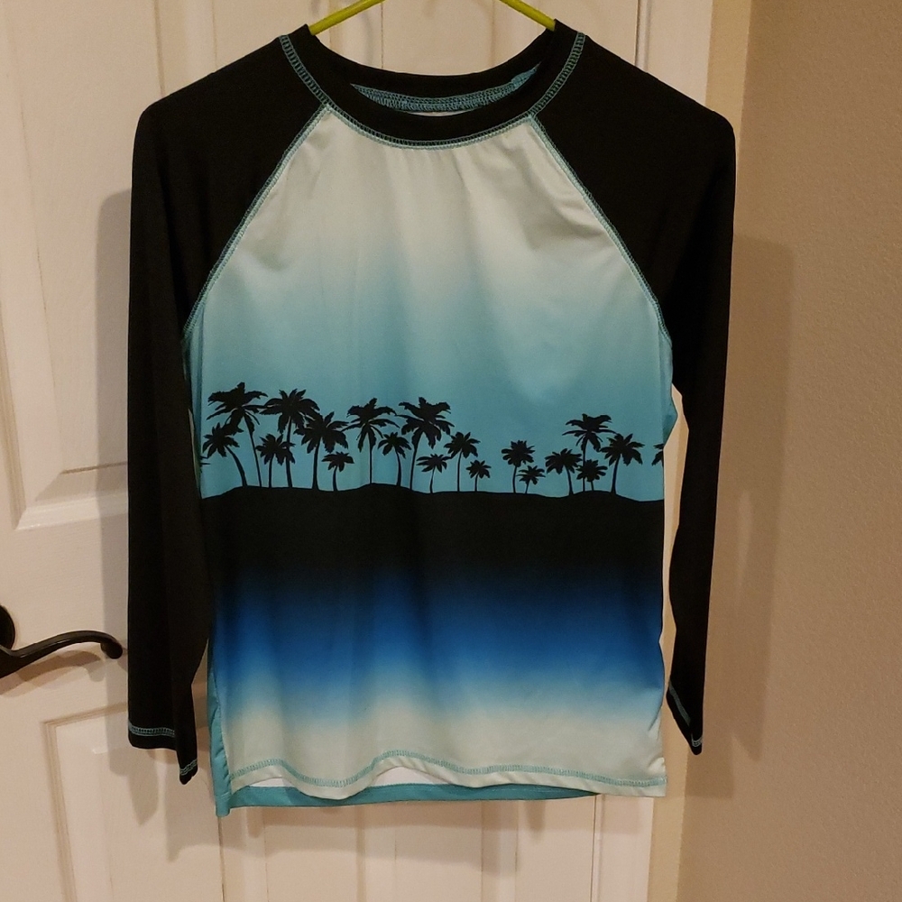 Kids Black and Blue Palm Tree Long Sleeve Swim Shirt